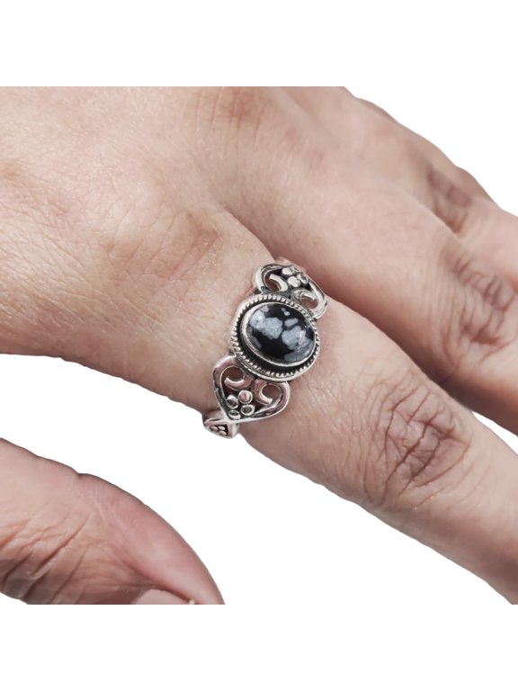 Natural Snowflake Obsidian Ring, Snowflake Obsidian Gemstone Ring, Tiny Bohemian Ring, 925 Sterling Silver, Designer Womens Ring, Christmas Thanksgiving, Handmade Statement Jewelry, Natural Obsidian