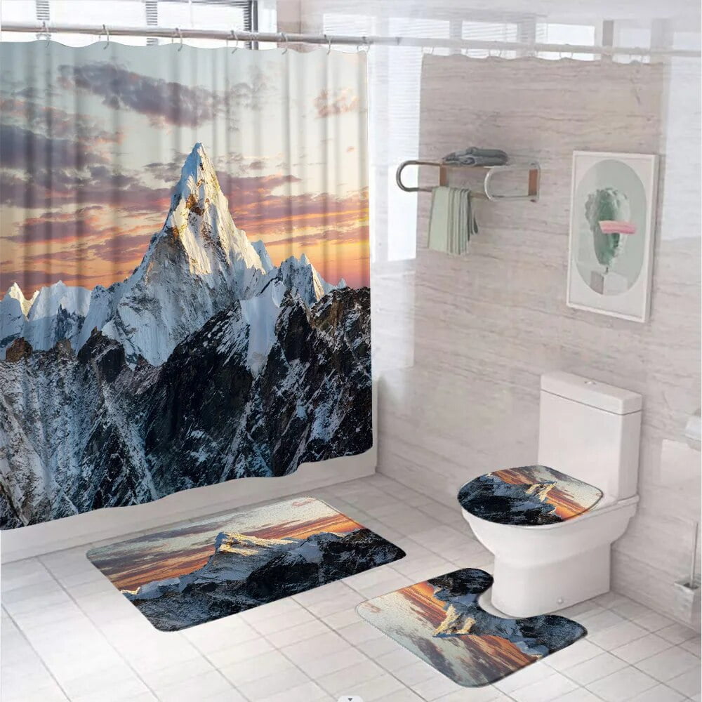 Natural Snowy Mountain Shower Curtain Set For Bathroom Decor Landscape