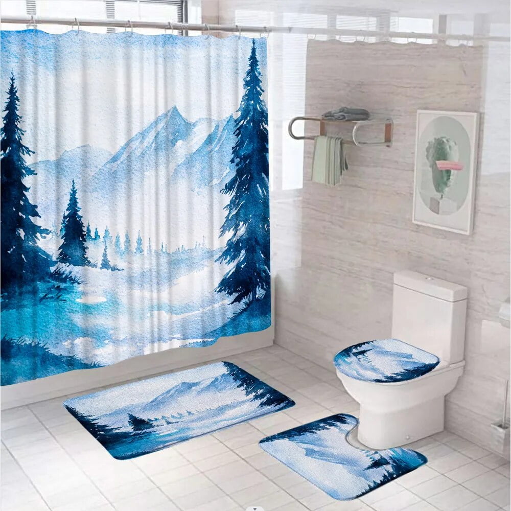 Natural Snowy Mountain Shower Curtain Set For Bathroom Decor Landscape
