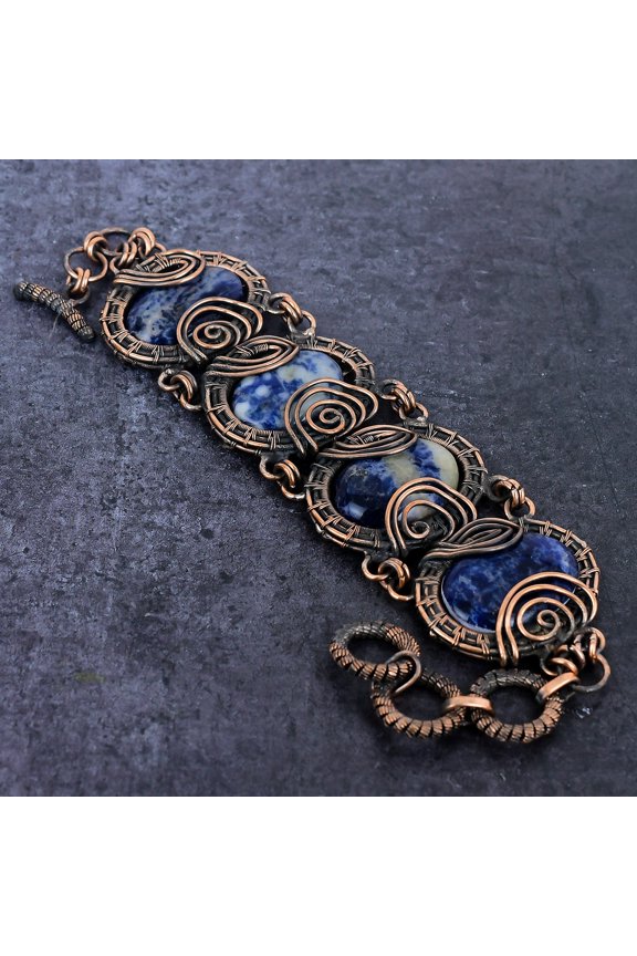Natural Sodalite Gemstone Handmade Copper Wire Wrap Bracelet 7-8"
