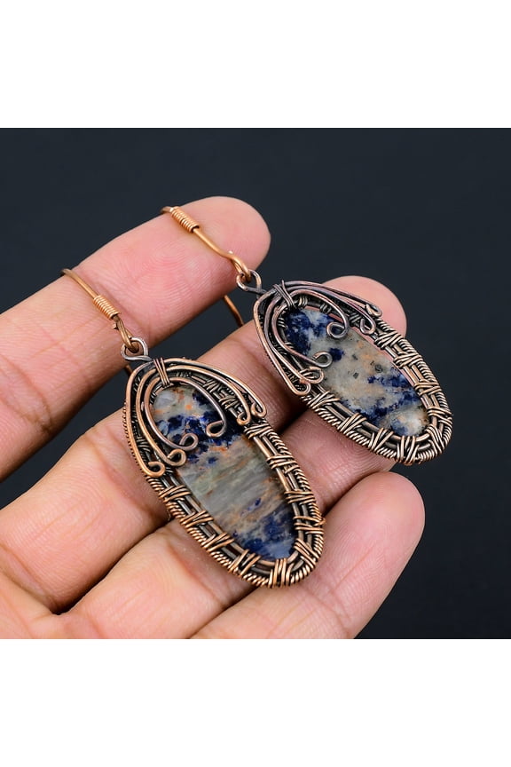 Natural Sodalite Gemstone Handmade Copper Wire Wrap Gift Earring 2.76