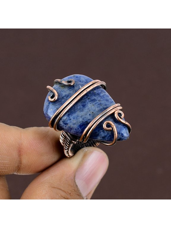 Natural Sodalite Gemstone Handmade Copper Wire Wrap Gift Ring Size 6