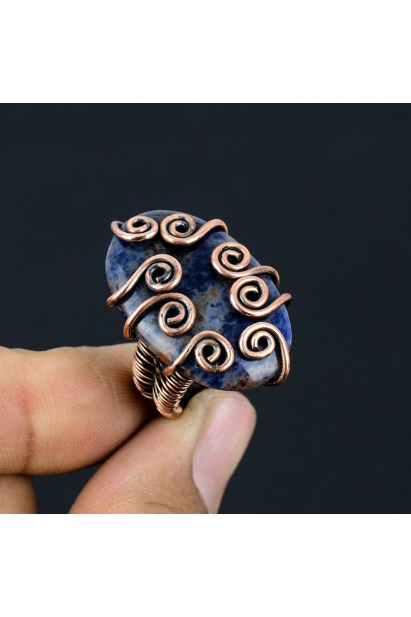 Natural Sodalite Gemstone Handmade Copper Wire Wrap Gift Ring Size 6