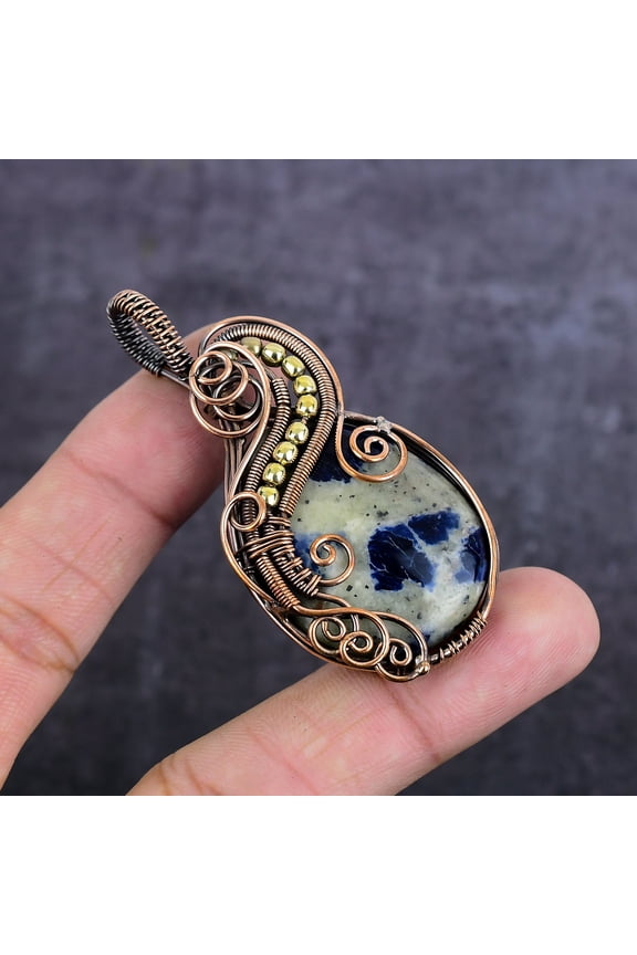 Natural Sodalite Gemstone Handmade Copper Wire Wrap Jewelry Pendant 2.64"