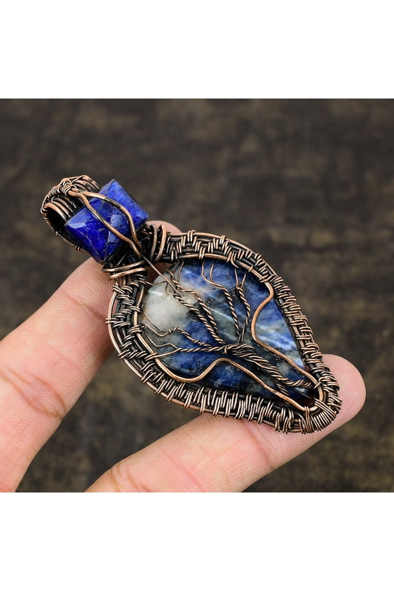 Natural Sodalite, Lapis Gemstone Handmade Copper Wire Wrap Pendant 3.27"