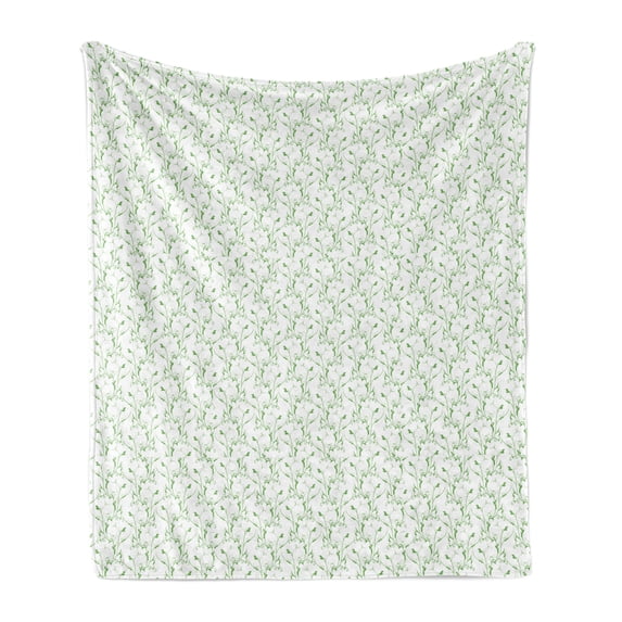 Natural Soft Flannel Fleece Blanket, Floral Theme Botanical Motifs Flower Branches Pattern in Monochrome Style, Cozy Plush for Indoor and Outdoor Use, 50" x 70", Pale Green and White, by Ambesonne