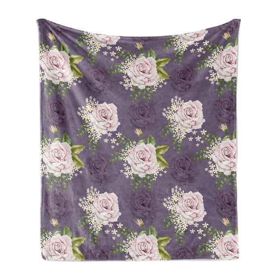 Natural Soft Flannel Fleece Blanket, Floral Theme Roses and Little Flowers with Leaves in Watercolor Paint, Cozy Plush for Indoor and Outdoor Use, 50" x 60", Rose and Pale Eggplant, by Ambesonne