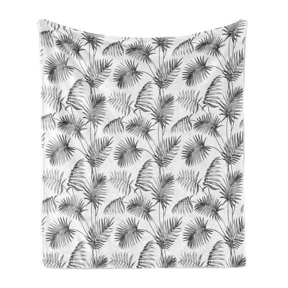 Natural Soft Flannel Fleece Blanket, Palm Leaves Island Tropical Floral Botanic Tree Natural Sketchy Print Image, Cozy Plush for Indoor and Outdoor Use, 50" x 70", Dimgrey and White, by Ambesonne
