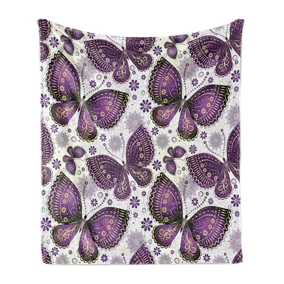 Natural Soft Flannel Fleece Throw Blanket, Butterflies with Paisley Motif on Wings Flowers Art Print, Cozy Plush for Indoor and Outdoor Use, 50" x 60", Purple White Lilac, by Ambesonne