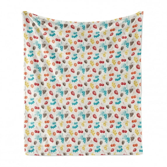 Natural Soft Flannel Fleece Throw Blanket, Colorful Different Fruits Images Strawberries Blueberries and Cherries Pattern, Cozy Plush for Indoor and Outdoor Use, 60" x 80", Multicolor, by Ambesonne