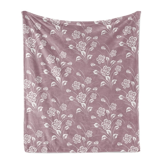 Natural Soft Flannel Fleece Throw Blanket, Floral Theme Abstract Flowers and Leaves Pattern in Monochrome Design, Cozy Plush for Indoor and Outdoor Use, 50" x 70", Pale Purple and White, by Ambesonne