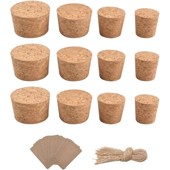 Natural Soft Wood Corks, 12PCS Four Sizes of Tapered Cork Plugs Stoppers for Wine and Beer Bottles with Bottle Ornamental Hangtag and Twine