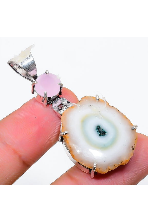 Natural Solar Quartz, Chalcedony Gemstone 925 Sterling Silver Pendant 1.89"