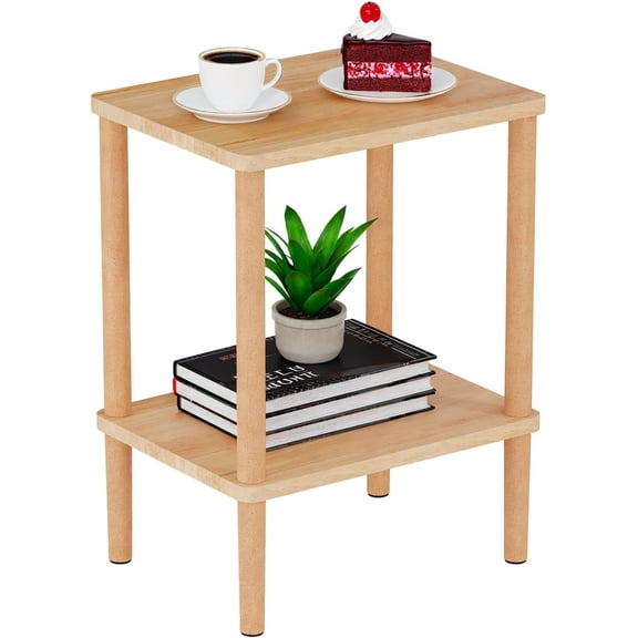 Natural Solid Beech and Oak 2-Tier Side Table with Storage Shelf, Compact Bedside Table for Small Spaces