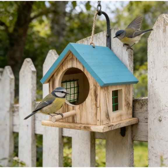Natural Solid Wood Bird House 7"x6", Multi-Color Roof Hanging Mini Bird Nest Feeder, Weatherproof Outdoor Courtyard Garden Balcony Wall Mount Decor for Small Wild Birds Blue