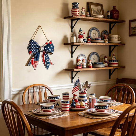 Solid Wood Front Door Welcome Sign Star Wreath Round Patriotic Decor for Independence Day Rustic Home Decorations Wooden Door Hanging Pendant with Rope for Wall Entryway Display