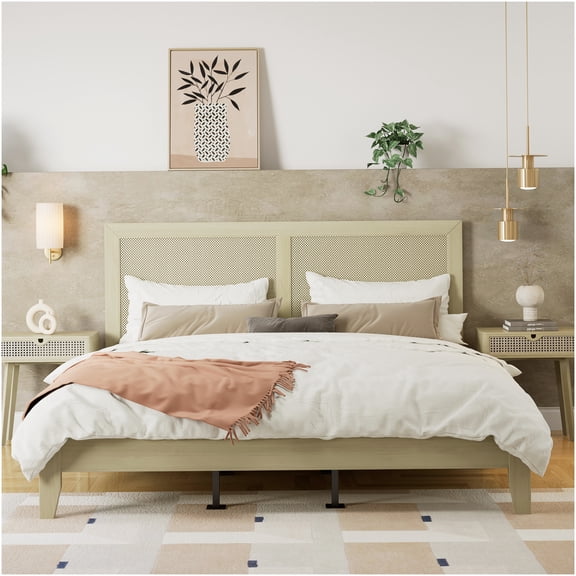 Natural Solid Wood King Bed Frame with Woven Rattan Headboard, Low Profile Platform Bed with Slat Support, No Box Spring Needed