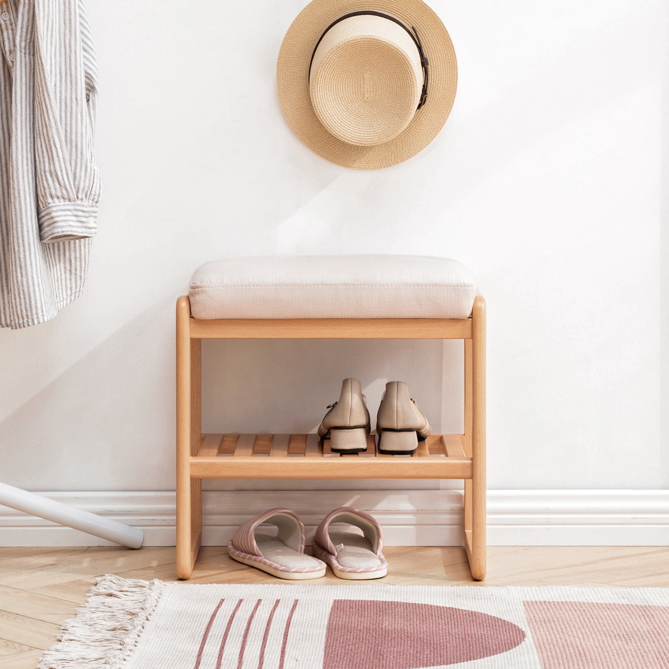 Natural Solid Wood Shoe Bench, Beech Wood Storage Rack Organizer with Upholstered High Rebound Cushion, Multifunctional Wooden Bench for Entryway or Bedroom, Natural