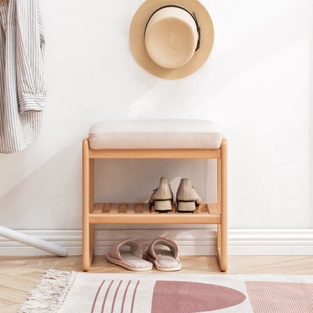 Natural Solid Wood Shoe Bench, Beech Wood Storage Rack Organizer with Upholstered High Rebound Cushion, Multifunctional Wooden Bench for Entryway or Bedroom, Natural