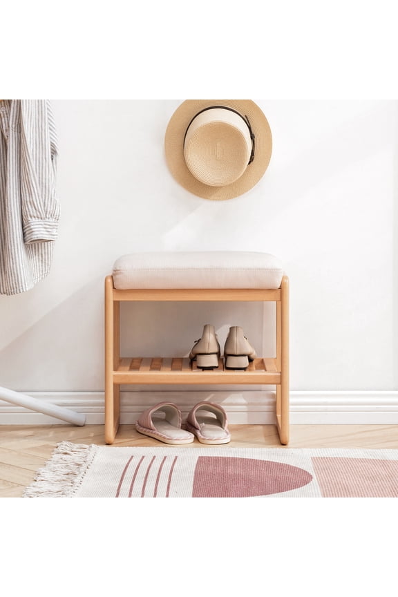 Natural Solid Wood Shoe Bench Rack with Storage, Beech Wood Shoe Bench Entryway Storage Bench with High Rebound Sponge Cushion, 27.5" Shoe Storage Bench Rack Organizer for Entryway Bathroom Bedroom