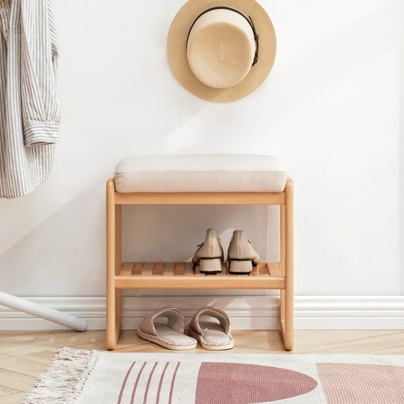Natural Solid Wood Shoe Bench Rack with Storage, Beech Wood Shoe Bench Entryway Storage Bench with High Rebound Sponge Cushion, 27.5" Shoe Storage Bench Rack Organizer for Entryway Bathroom Bedroom