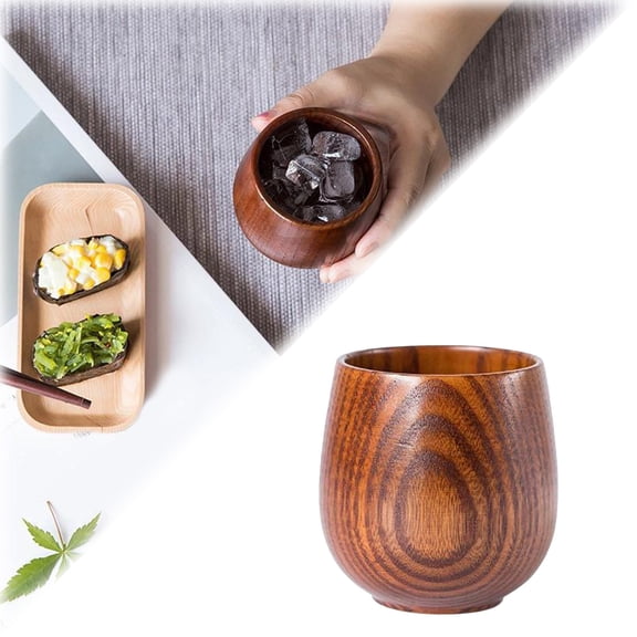 Natural Solid Wood Tea Cup, Hand Carved Barrel Shaped Wooden Mug for Coffee Sake Water Japanese Home Kitchen Drinkware 8cm