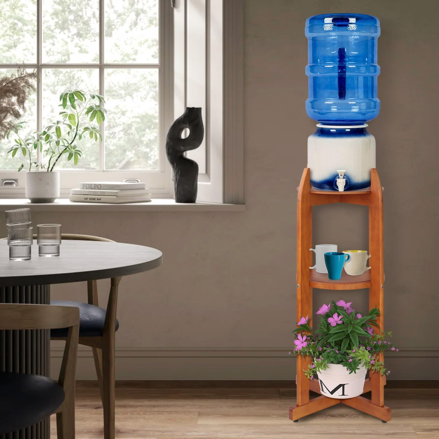 Natural Solid Wood Water Dispenser Floor Stand, 32.8" H x 11.2" W, 2-Tier Round Shelf for 1–5 Gallon Water Bottles, Crocks, Water Jug & Plant Stand, Light Finish
