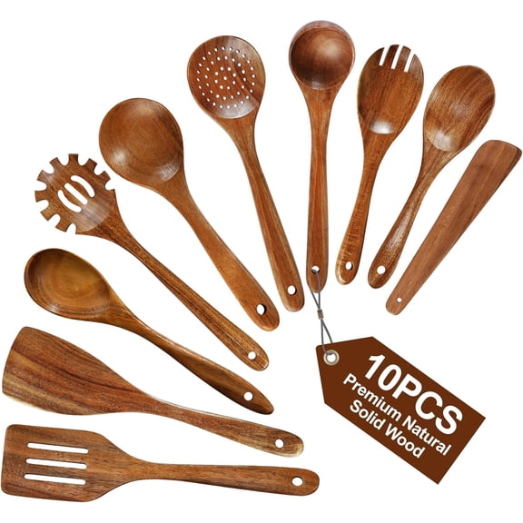 Natural Solid Wooden Utensil Set - 10 Pcs, Non-stick Spoons for Cooking, Soft Comfort-Grip Cooking Utensils Set, Wood Kitchen Non-Stick Cookware