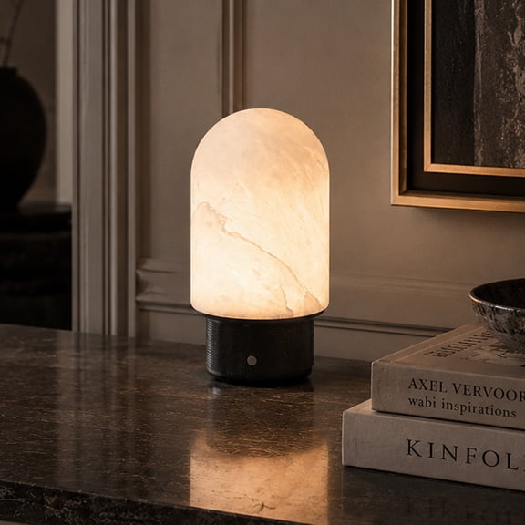 Natural Spanish Alabaster Cordless Table Lamp, Rechargeable Dome Stone Bedside Lamp with Flicker-Free LED, Long-Lasting Battery & 3-Level Dimmable Lighting