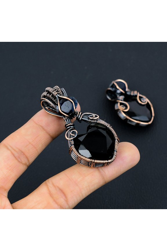 Natural Spinel, Blue Topaz Gemstone Copper Wire Wrap Gift Pendant 2.36"