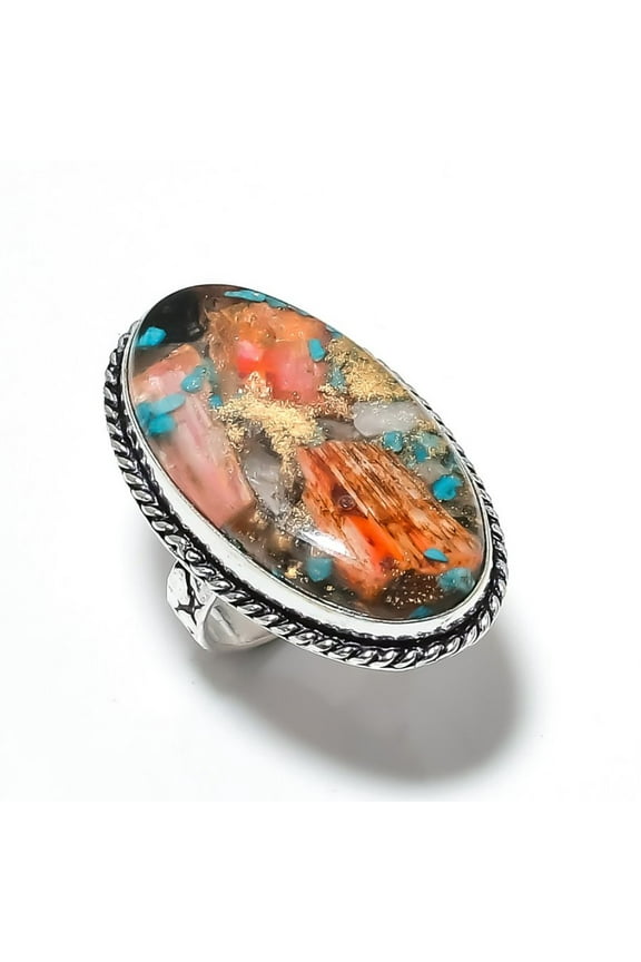 Natural Spiny Oyster Gemstone Handmade 925 Sterling Silver Ring Size 7