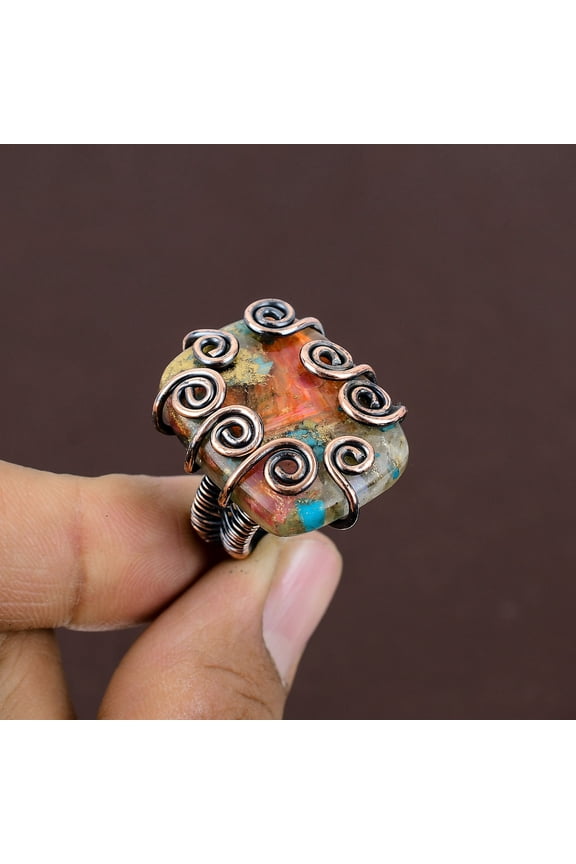 Natural Spiny Oyster Gemstone Handmade Copper Wire Wrap Gift Ring Size 6