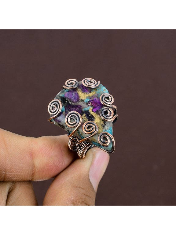 Natural Spiny Oyster Gemstone Handmade Copper Wire Wrap Ring Size 6.5