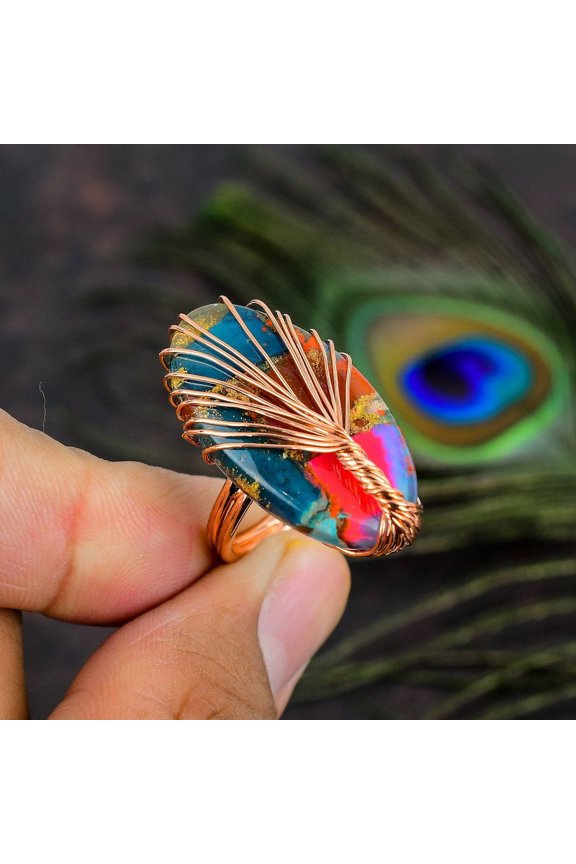 Natural Spiny Oyster Gemstone Handmade Copper Wire Wrap Ring Size 8.5