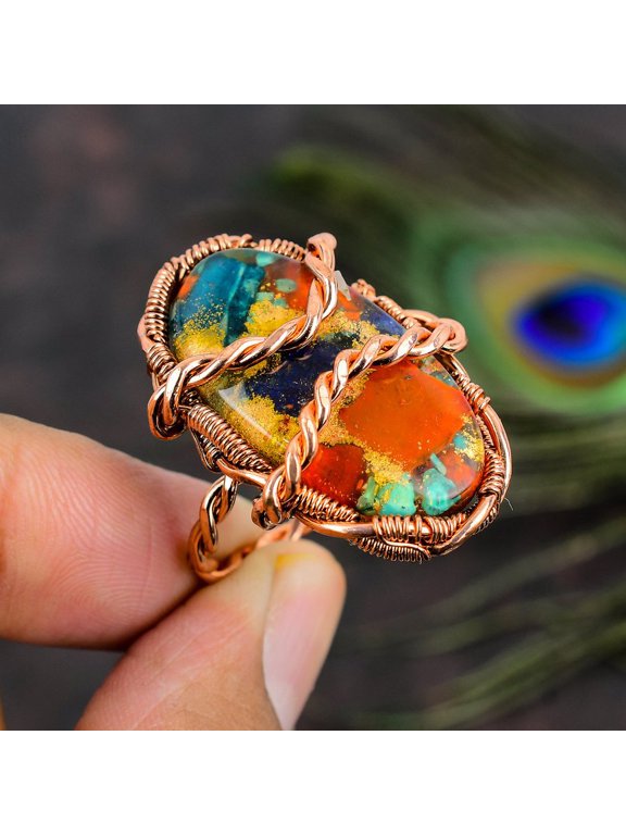 Natural Spiny Oyster Gemstone Handmade Copper Wire Wrap Ring Size 8.5