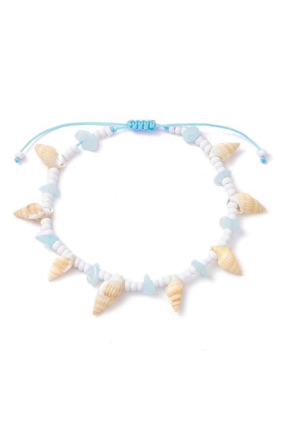 Natural Spiral Shell Anklets with Glass and Natural White Jade Beads Deep Sky Blue Inner Diameter: 2-5/8~4-1/8 inch(6.7~10.35cm)