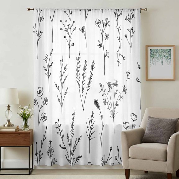 Natural Spring Floral Sheer Curtains 54 Inches Long, Black Emerging Blossoms Light Filering Curtains, Breathable Simi Curtain Privacy Drapes for Kitchen Bathroom Lightweight Small Window Treatment