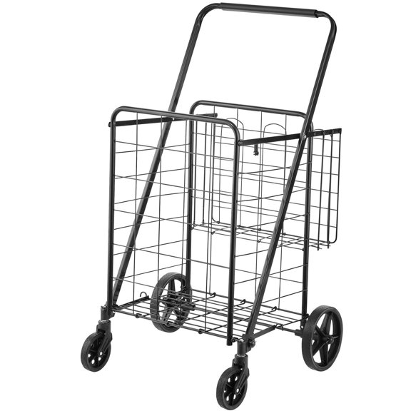 Natural Steel Folding Shopping Cart with Double Baskets, 360° Swivel Wheels, 110lbs Capacity for Grocery/Laundry/Travel (15.81lbs)