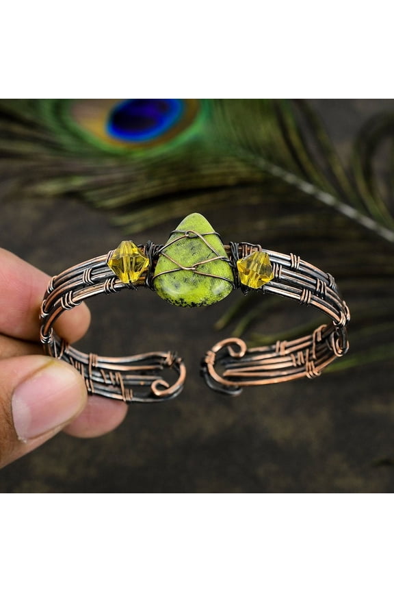 Natural Stichtite Stone Gemstone Copper Wire Wrap Cuff Bangle Adjustable