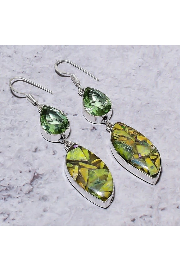 Natural Stichtite Stone, Tsavorite 925 Sterling Silver Earring 2.64"