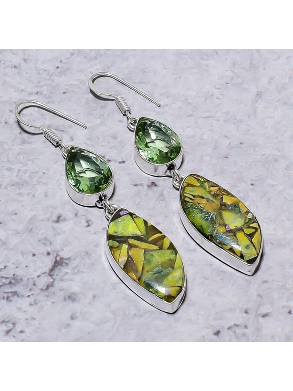 Natural Stichtite Stone, Tsavorite 925 Sterling Silver Earring 2.64"