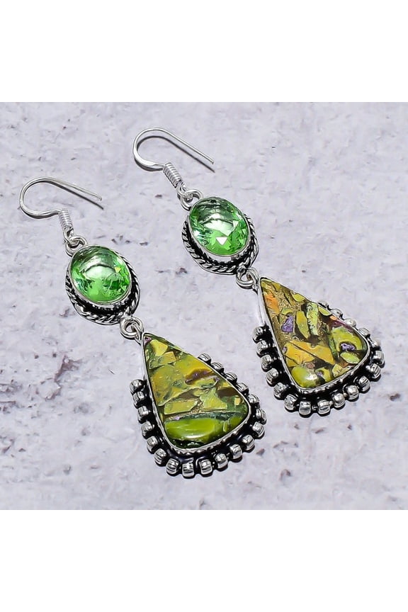 Natural Stichtite Stone, Tsavorite 925 Sterling Silver Earring 2.84"