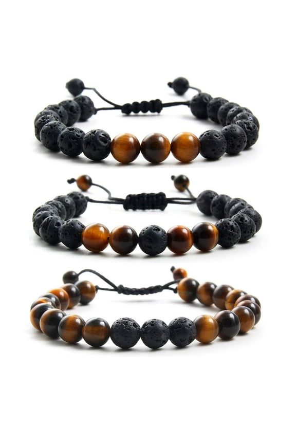 Natural Stone Beads Bracelets Set For Men | Tiger Eye & Matte Agate & Lava Rock