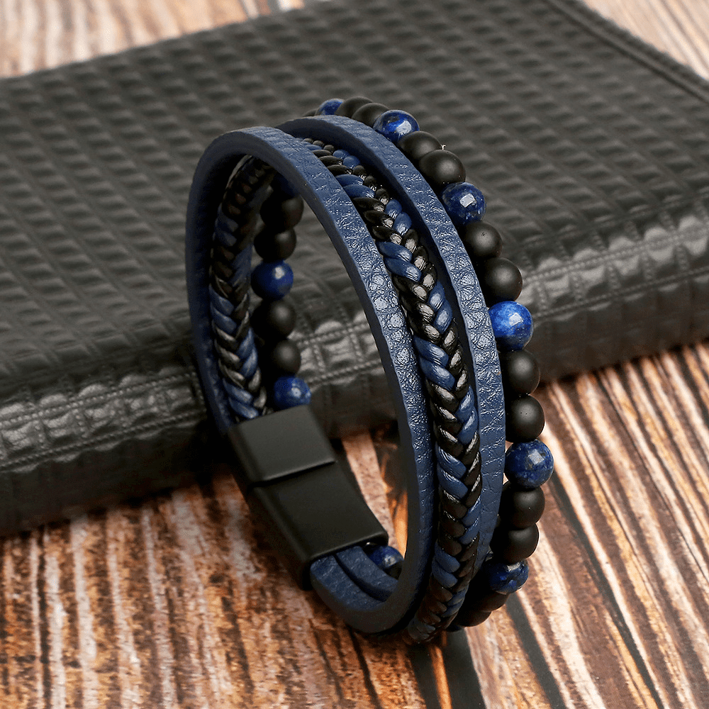 AMARE BEAUTY Natural Stone Blue Tiger's Eye Matte Black Onyx Leather Beaded Bracelet Men's