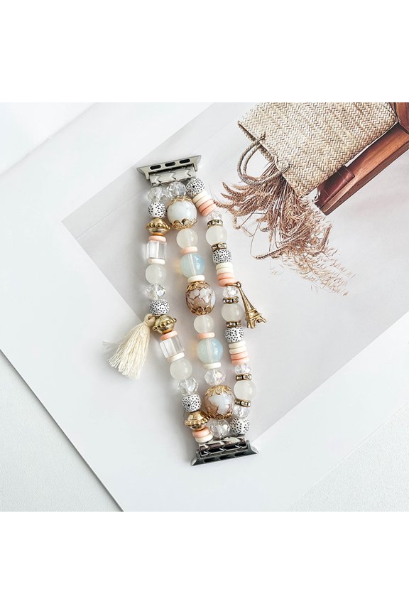 Natural Stone Bracelet Beaded-Bands Compatible with Apple Watch Series 9 8 7 6 5 4 3 2 1 SE, Handmade Elastic Stretch Beads Fancy Tassel Strap for iWatch Band 38/40/41mm Women,White