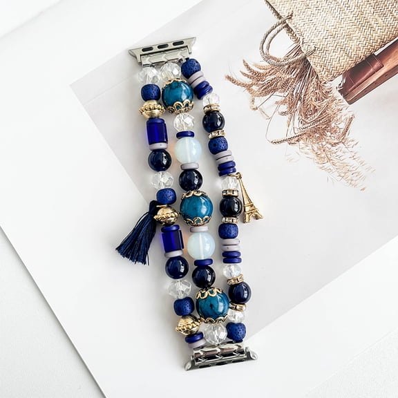 Natural Stone Bracelet Beaded-Bands Compatible with Apple Watch Series 9 8 7 6 5 4 3 2 1 SE, Handmade Elastic Stretch Beads Fancy Tassel Strap for iWatch Band 38/40/41mm Women,Blue