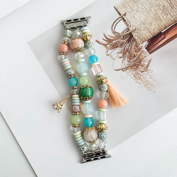 Natural Stone Bracelet Beaded-Bands Compatible with Apple Watch Series 9 8 7 6 5 4 3 2 1 SE, Handmade Elastic Stretch Beads Fancy Tassel Strap for iWatch Band 38/40/41mm Women,Pink