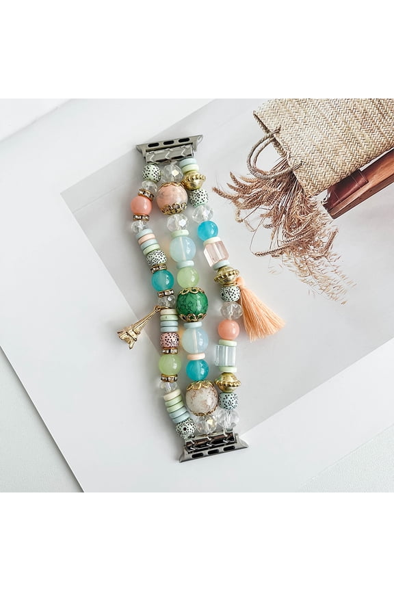 Natural Stone Bracelet Beaded-Bands Compatible with Apple Watch Series 9 8 7 6 5 4 3 2 1 SE, Handmade Elastic Stretch Beads Fancy Tassel Strap for iWatch Band 38/40/41mm Women,Pink