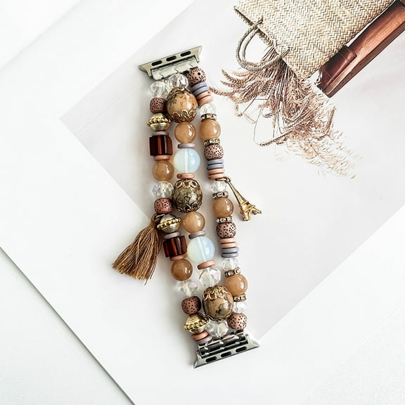 Natural Stone Bracelet Beaded-Bands Compatible with Apple Watch Ultra 2 Series 9 8 7 6 5 4 3 2 1, Handmade Elastic Stretch Beads Fancy Tassel Strap for iWatch Band 42/44/45/49mm Women,Brown