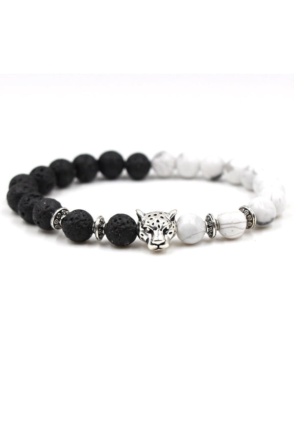 Unisex Natural Stone Bracelet with Leopard Head Accent Geometric Jewelry White Turquoise and Black Volcanic Stone Beads